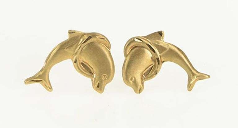 14K Yellow Gold High Relief Dolphin Jumping Through Hoop Stud Earrings