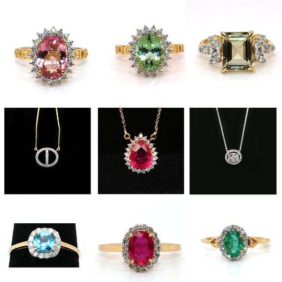 GROUP LOT OF 9X 14KT SOLID GOLD NATURAL GEMSTONE AND DIAMOND RINGS AND NECKLACES!