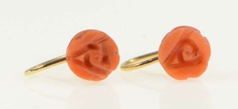 14K Yellow Gold Carved Coral Rose Flower Vintage Screw Back Earrings