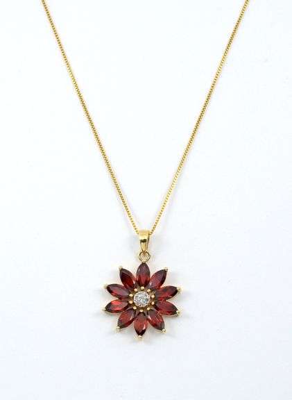 Pretty Garnet Flower Pendant on Necklace