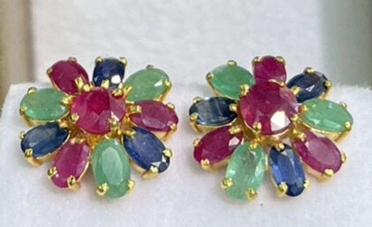 14KT YELLOW GOLD, RUBY, EMERALD, & BLUE SAPPHIRE EARRINGS