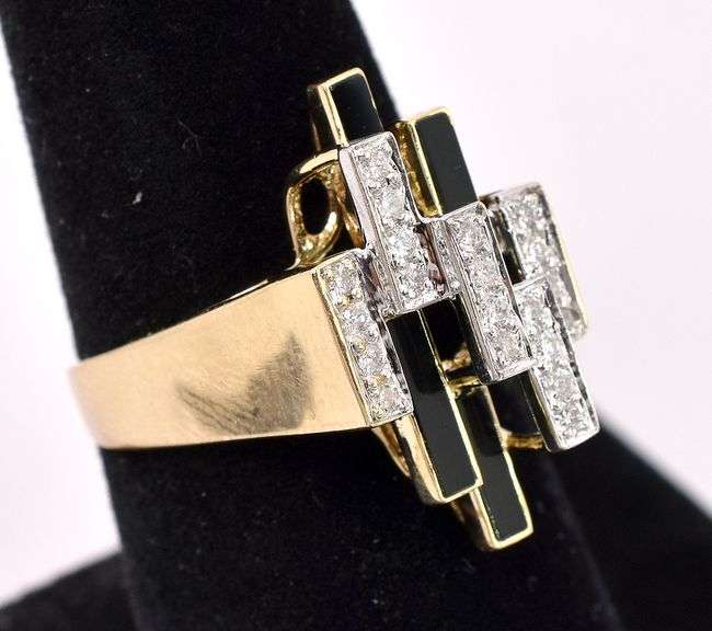 Unique Black Onyx and Diamond Ring in 14K Yellow Gold