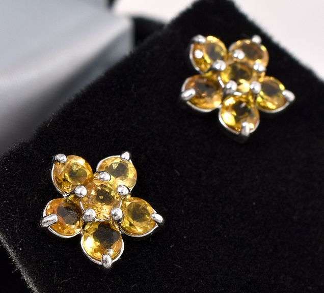 Citrine Flower Stud Earrings In Sterling Silver