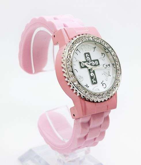 Fancy Pink Geneva Watch w/ Cross Graphic and Gemstones