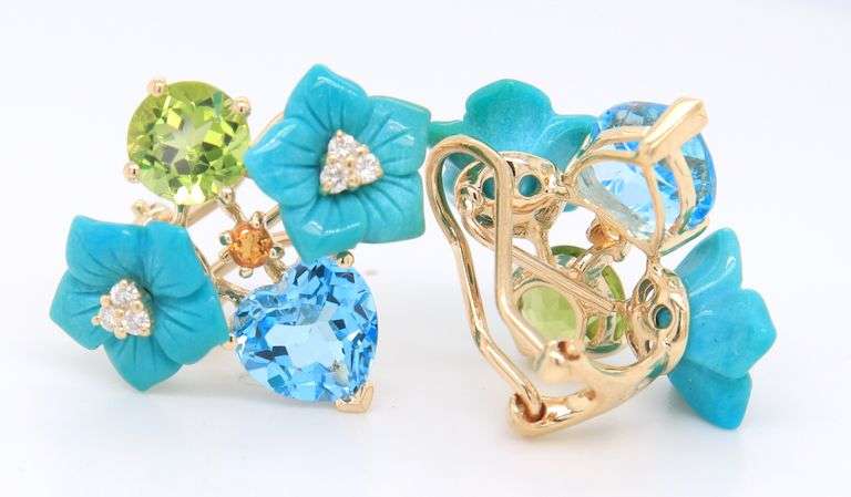 Lovely Yellow Gold Floral Turquoise Flower with Diamond and Topaz, Peridot, Citrine Omega Back Earrings