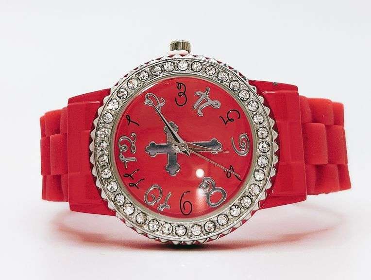 Fancy Pink Geneva Watch w/ Cross Graphic and Gemstones