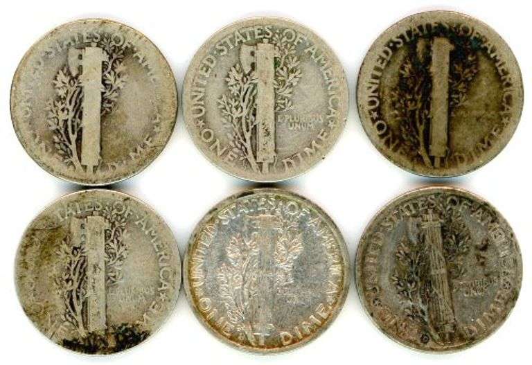 6 Different Silver Mercury Dimes: 1916-S-1945-S