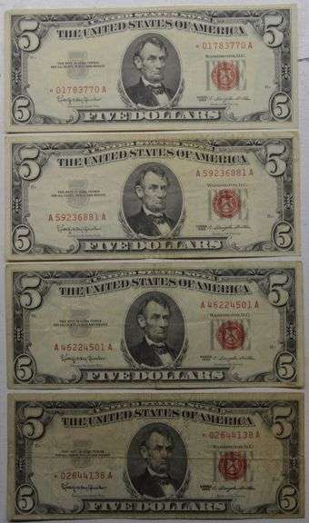 1963 $2 Two Dollar Red Seal Lincoln Bank Note US Bill (lot of 4)