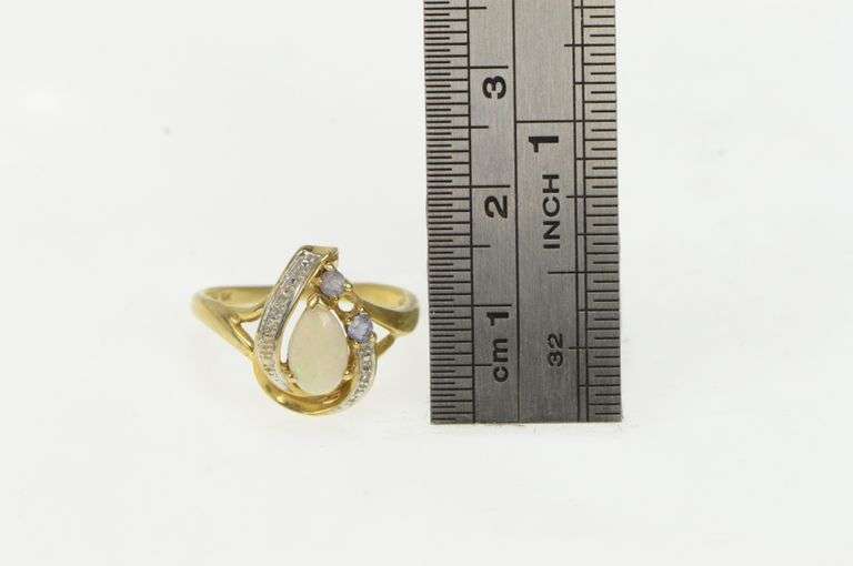 10K Yellow Gold Pear Opal Tanzanite Diamond Halo Statement Ring