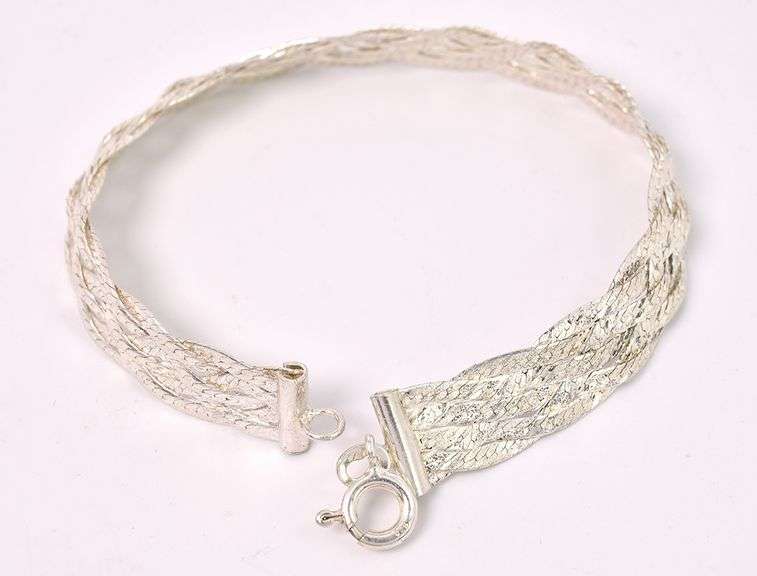 Braided Herring-Bone Chain Link Bracelet In Sterling Silver