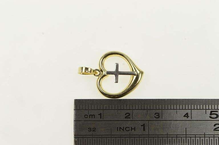 10K Yellow Gold Two Tone Heart Cross Christian Faith Love Pendant