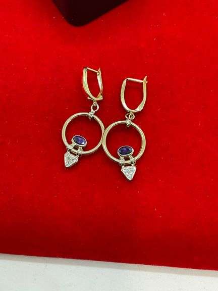 14K GOLD DANGLING EARRINGS WITH AMETHYST AND CZ.