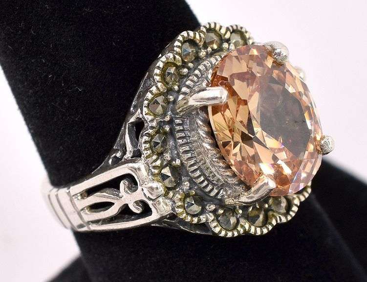 Yellow CZ And Marcasite Gem Ring In Sterling Silver