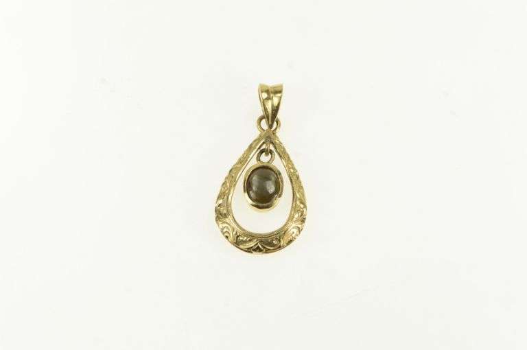 14K Yellow Gold Black Cat's Eye Engraved Tear Drop Dangle Pendant