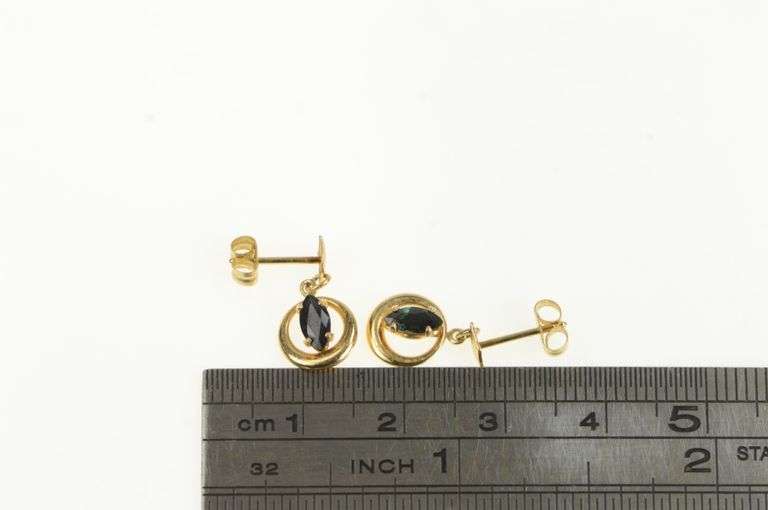 14K Yellow Gold Marquise Natural Sapphire Round Dangle Earrings