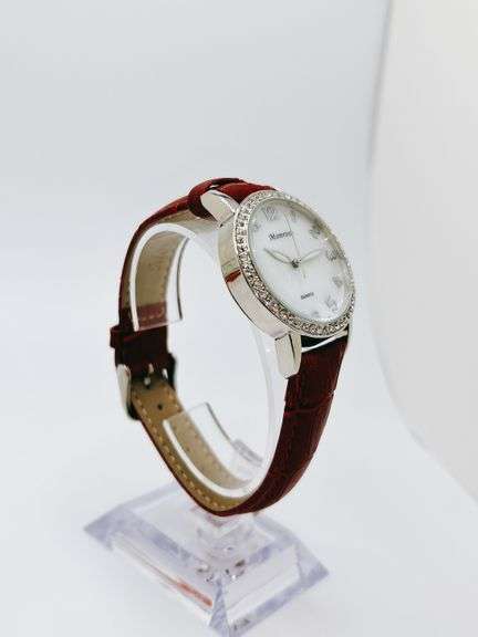 Beautiful Mother of Pearl & Gemstone Watch-Red Genuine Leather Band