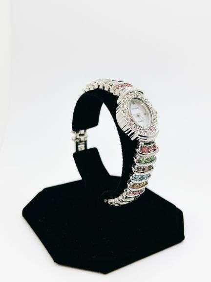 Ladies Geneva & Gemstone Watch, 18kt White Gold Plated