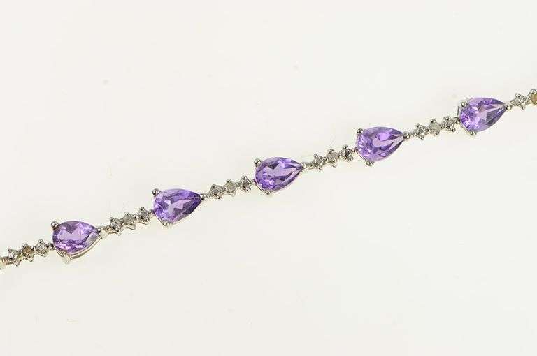 10K White Gold Pear Amethyst Diamond Accent Vintage Tennis Bracelet