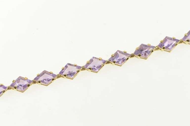 14K Yellow Gold Retro Lozenge Cut Amethyst Vintage Tennis Bracelet
