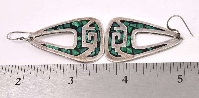 Green Malachite Inlay Dangle Earring In Sterling Silver