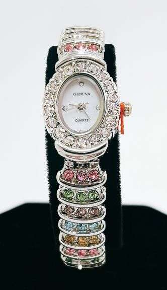 Ladies Geneva & Gemstone Watch, 18kt White Gold Plated