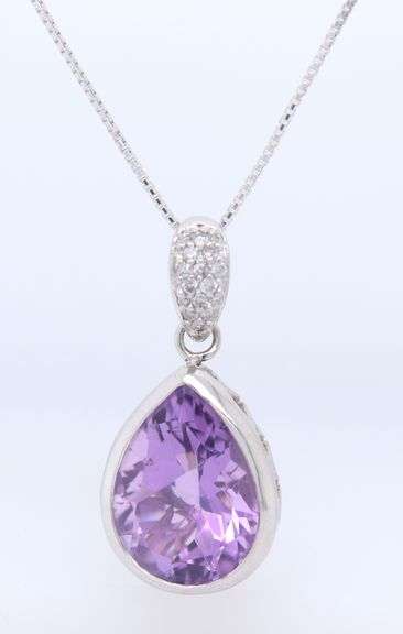 Pear Shaped Bezel Amethyst with Diamonds Pendant on Sterling Silver Chain