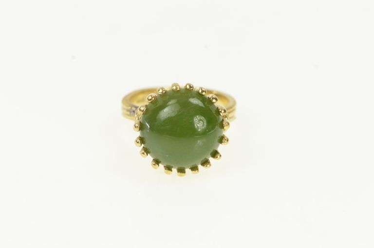14K Yellow Gold Round Nephrite Cabochon 1960's Statement Ring