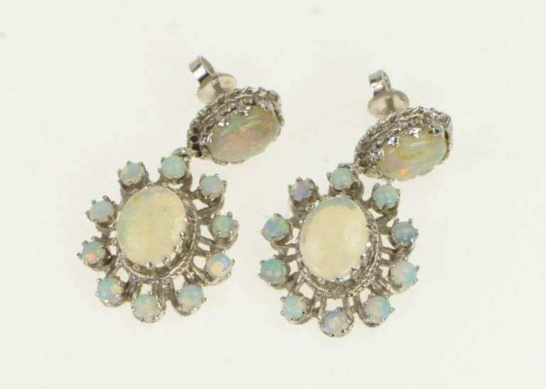 14K White Gold Ornate Classic Oval Natural Opal Halo Dangle Earrings