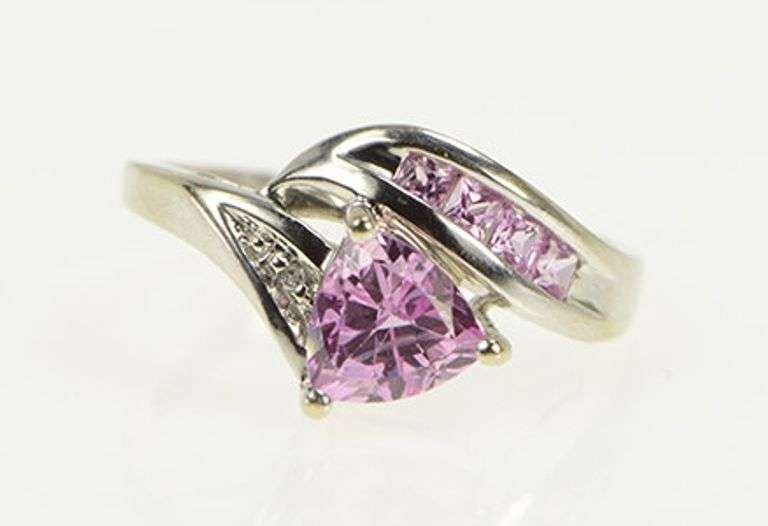 10K White Gold Trillion Pink Topaz Diamond Accent Vintage Ring