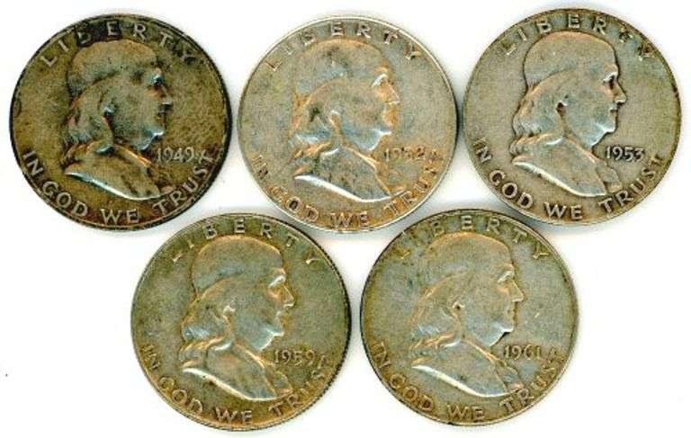 5 Mintmarked Franklin Silver Half Dollars: 1949-S-1961-D