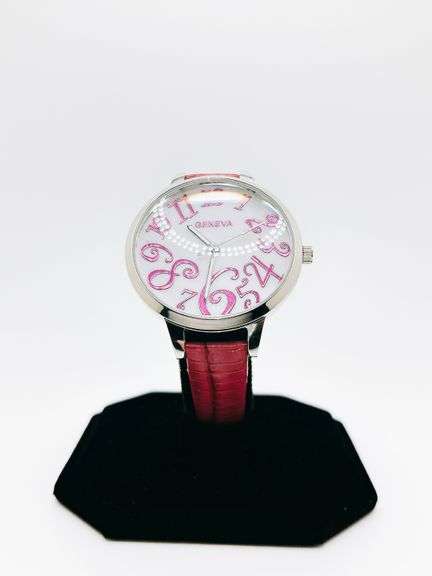 Big Numbers Geneva Watch w/ Mother of Pearl Face & Genuine Leather Strap