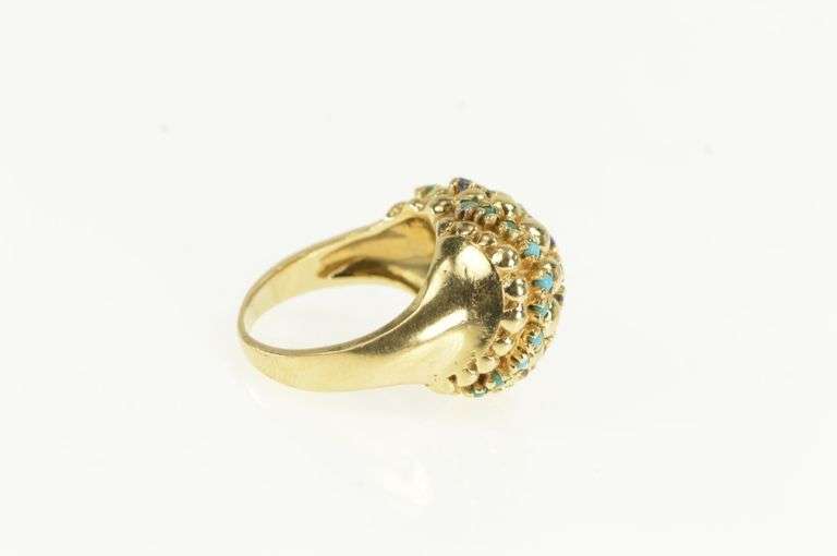 14K Yellow Gold 1960's Domed Turquoise Sapphire Striped Ring