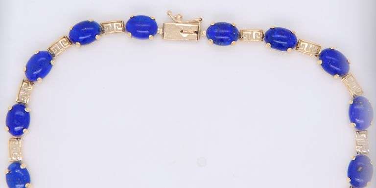 Attractive Yellow Gold Oval Lapis and Greek Key Station Bracelet