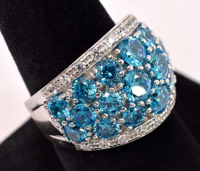 Blue And White CZ Ring In Sterling Silver