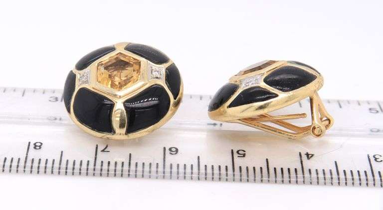 Gorgeous Hexagen Citrine and Black Onyx and Diamond Round Yellow Gold Earrings
