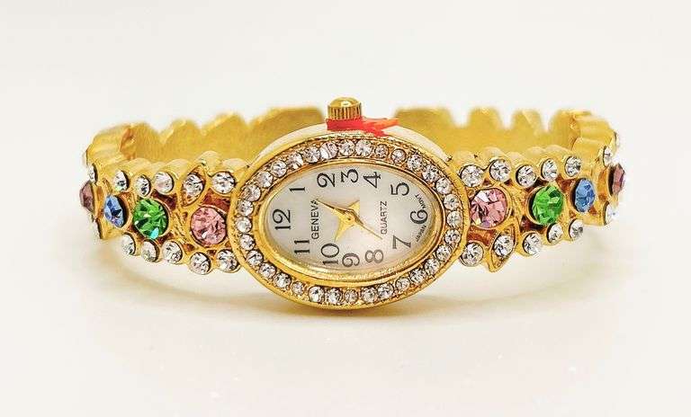 Ladies Geneva & Gemstone Watch, 18kt Yellow GP Cuff