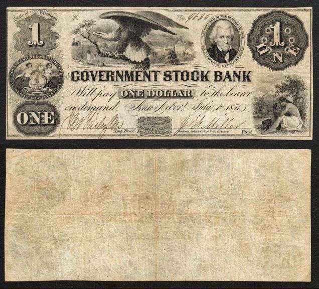 $1 1851 Obsolete Government Stock Bank Ann Arbor, MI Very Fine