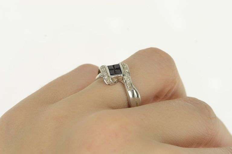 18K White Gold Baguette Sapphire Diamond Bypass Statement Ring