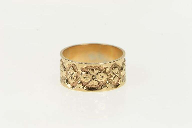 10K Yellow Gold Art Deco Ornate Blossom Flower 9.8mm Band Ring