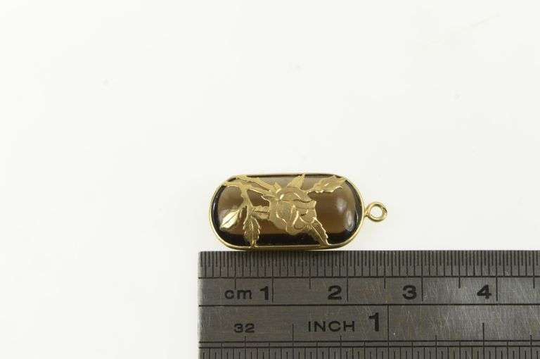 14K Yellow Gold Smoky Quartz Engraved Flower Overlay Charm/Pendant