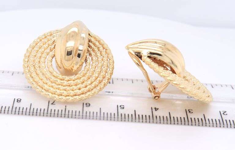 Handsome Yellow Gold Textured Rope Door Knockerr  Clip on Earrings