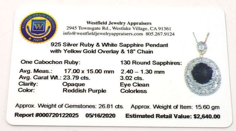 Breathtaking Massive 23.79 Carat Ruby and White Sapphire Pendant with Yellow Gold Overlay.
