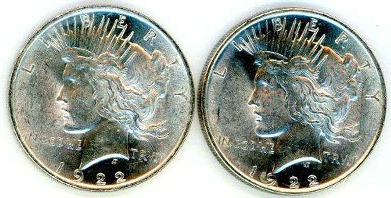 Two Peace Silver Dollars from 1922 in AU/Unc