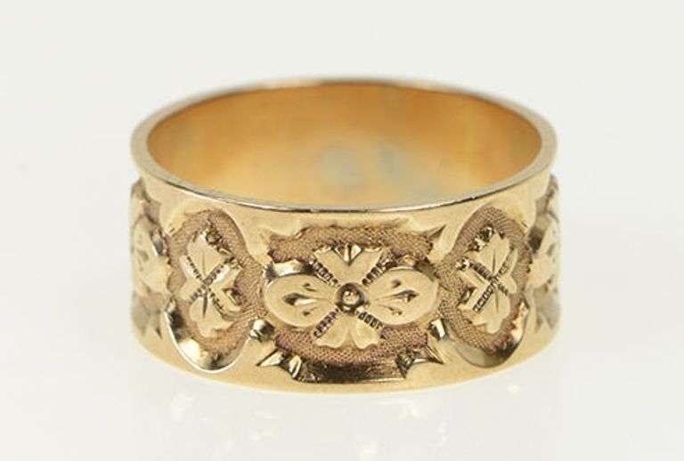 10K Yellow Gold Art Deco Ornate Blossom Flower 9.8mm Band Ring