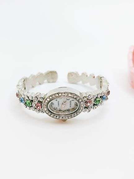 Ladies Geneva & Gemstone Watch, 18kt White GP Cuff