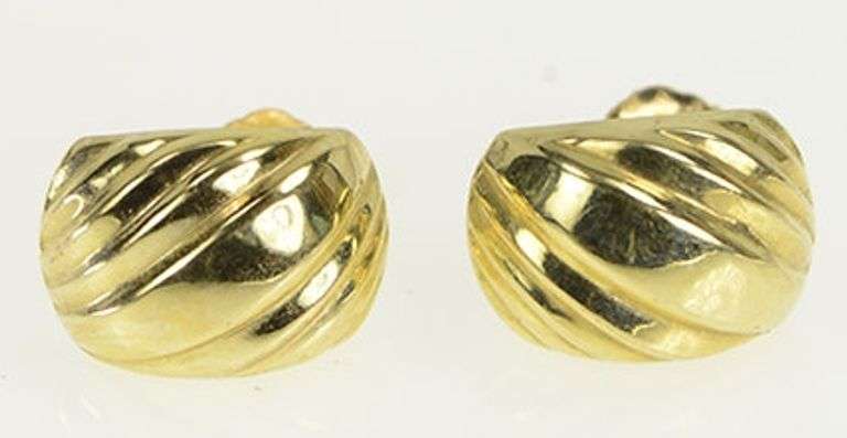 14K Yellow Gold Geometric Curved Squared Semi Hoop Stud Earrings