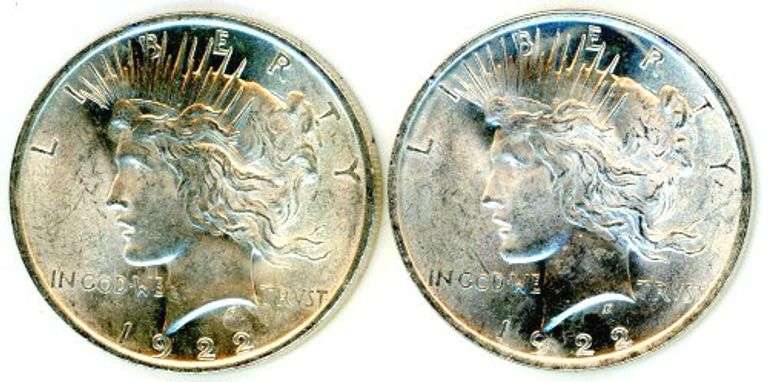 Two Peace Silver Dollars from 1922 in AU/Unc