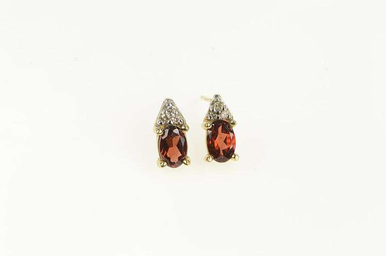 10K Yellow Gold Oval Garnet Diamond Accent Classic Stud Earrings