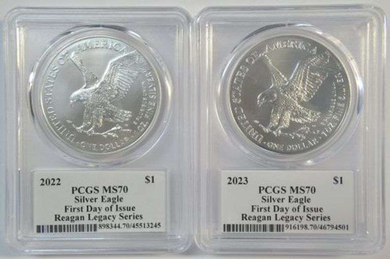 2022 & 2023 PCGS MS70 1st Day of Issue Reagan Legacy $1 Silver Eagles