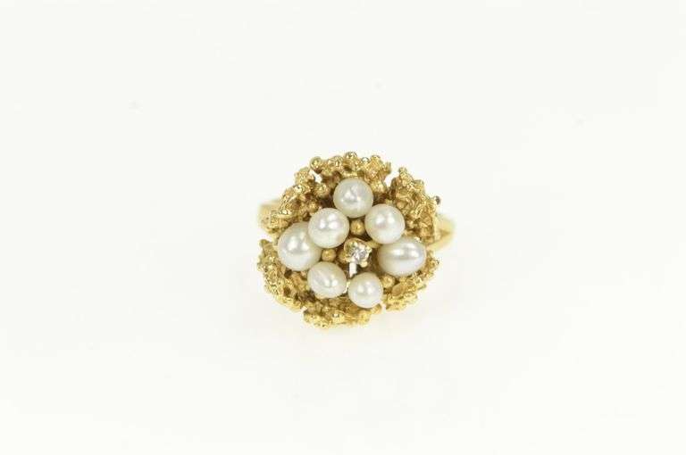 14K Yellow Gold 1960's Pearl Diamond Cluster Vintage Cocktail Ring